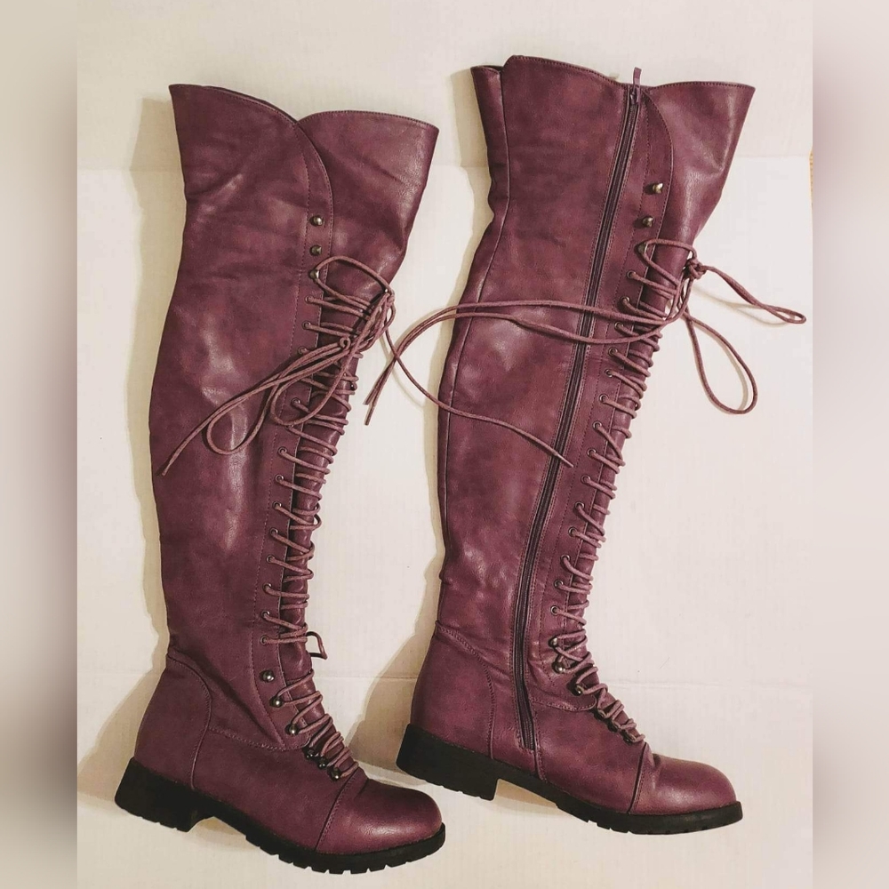Women's Over The Knee High Lace Up Military Combat Boots in the Color Purple Plu